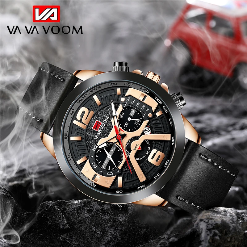

VAVA VOOM Leather Men Watche Luxury Top Brand Fashion Casual Quartz Wristwatch Relogio Masculino Business Calendar Watches