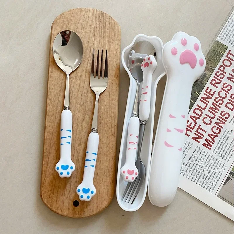 Cartoon Cute Cat Claw Spoon and Fork Set  Chopstick Cutlery Student Children Outdoor Camping Portable Kawaii Kitchen Accessories