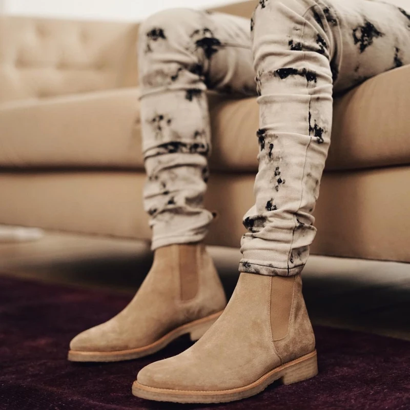 Genuine Leather Chelsea Boots for Men Cow Suede Business Square Toe
