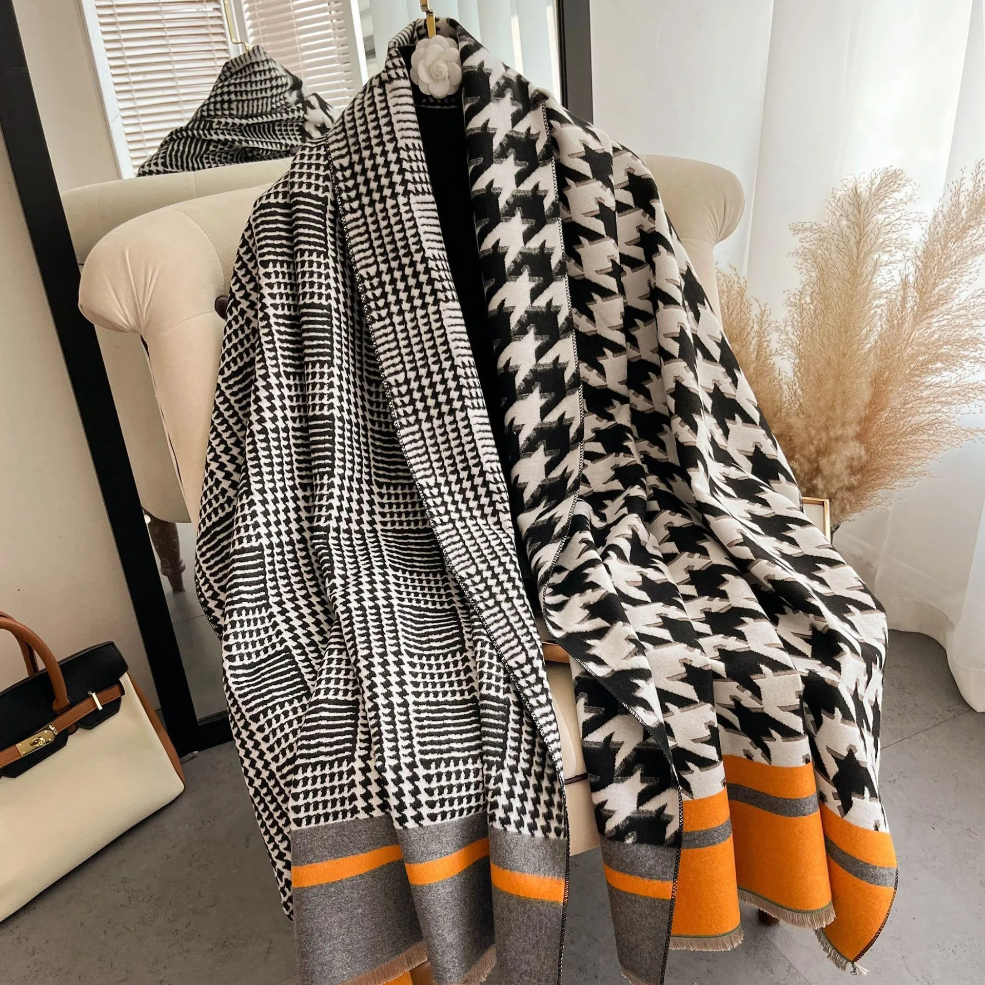 

Women's Fashion Long Shawl Houndstooth Pattern Warm Winter Neck Scarf Elegant Cold Weather Cashmere Feel Tassels Shawl for Lady