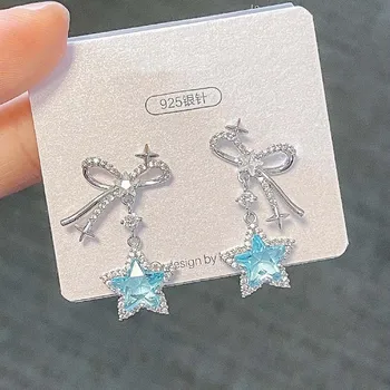 Kpop Y2K Blue Crystal Star Pendant Earrings for Women Exquisite Elegant Zircon Bowknot Pentagram Earrings Jewelry Birthday Gifts