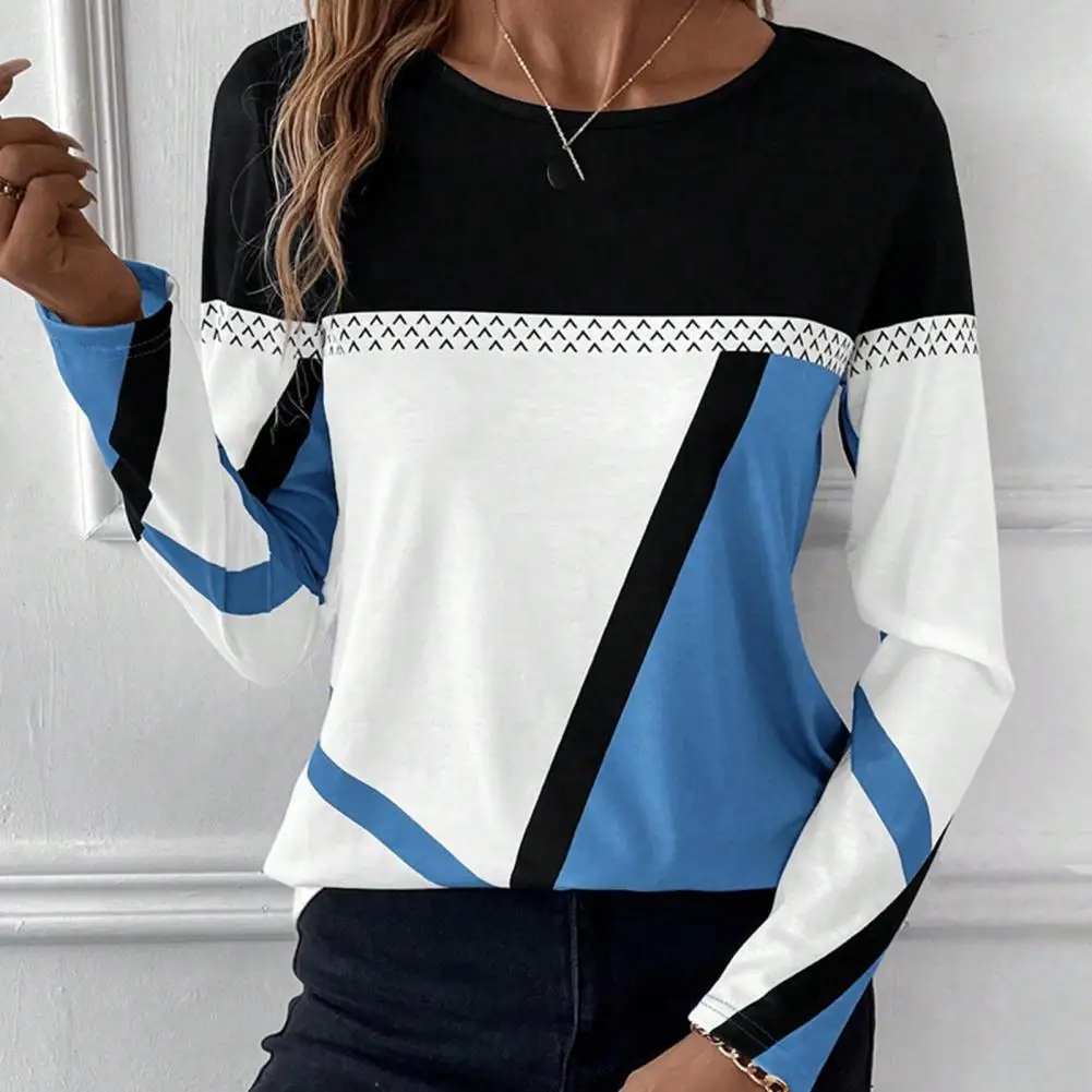 

Women's Autumn Tops Round Neck Long Sleeves Contrast Color Geometric Print Patchwork Casual Women's Shirts T-Shirts