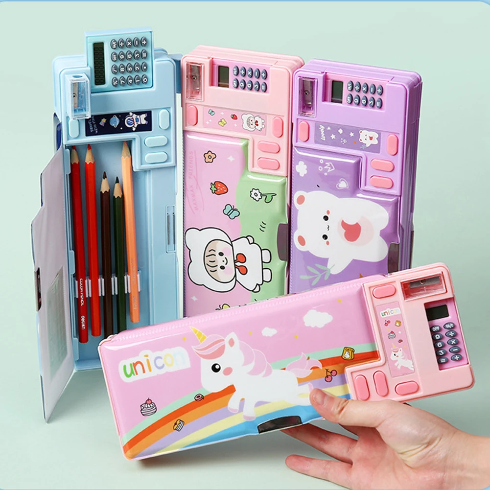 Creative Multi-functional Plastic Stationery Box for Primary School Students Double-sided Magnetic Pencil Calculator Sharpener