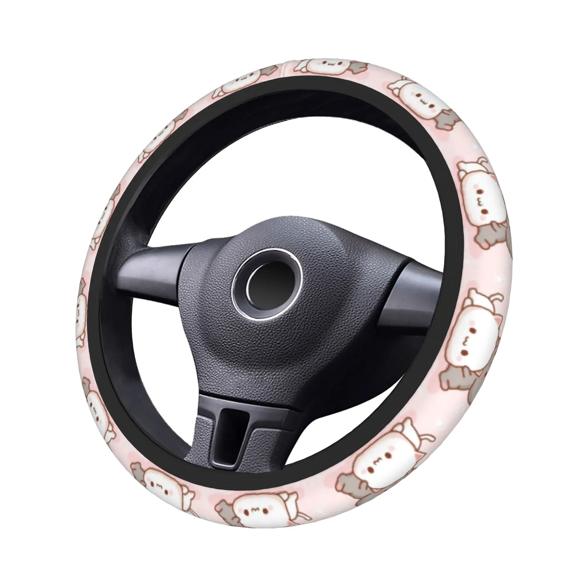 Pink Love Peach & Cartoon Cat Steering Wheel Cover - Auto Car Accessory