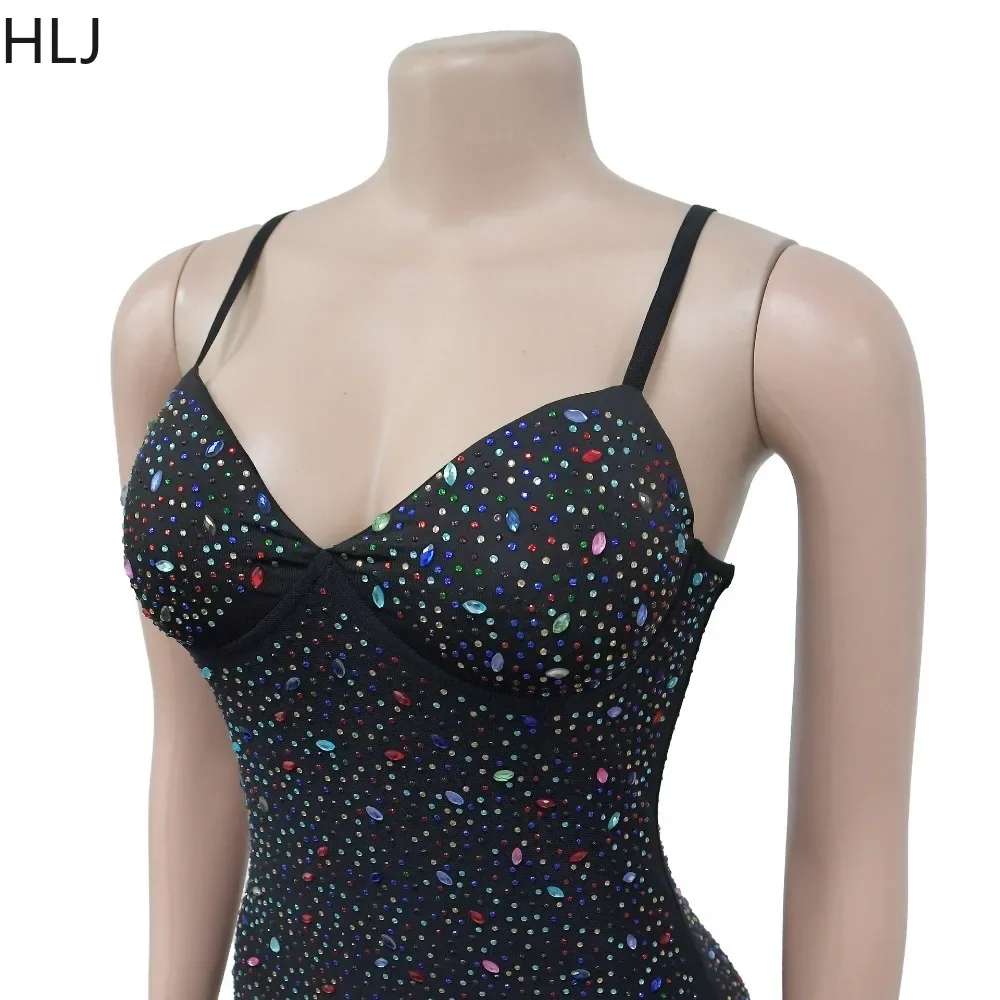 HLJ Sexy Mesh Perspective Rhinestone Bodycon Jumpsuits Women V Neck Sleeveless Slim Playsuits Fashion Party Nightclub Overalls