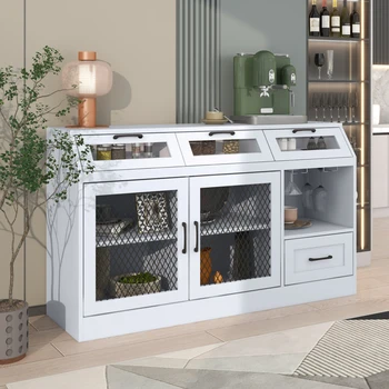 White Multifunctional Buffet Cabinet Kitchen Sideboard with 4 Drawers, Mesh Metal Doors