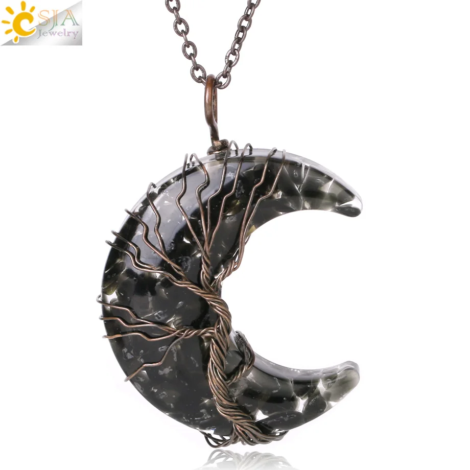 Collana Con Ciondolo Luna In Quarzo Rosa Naturale E Albero Della Vita - Avvolto In Rame, Regalo Con Sacchetto