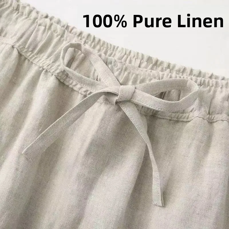 Lightweight Loose Fit White Linen Straight Leg Pants Nine-Tenths Casual Trousers for Men Sli Summer Cotton Linen Blend