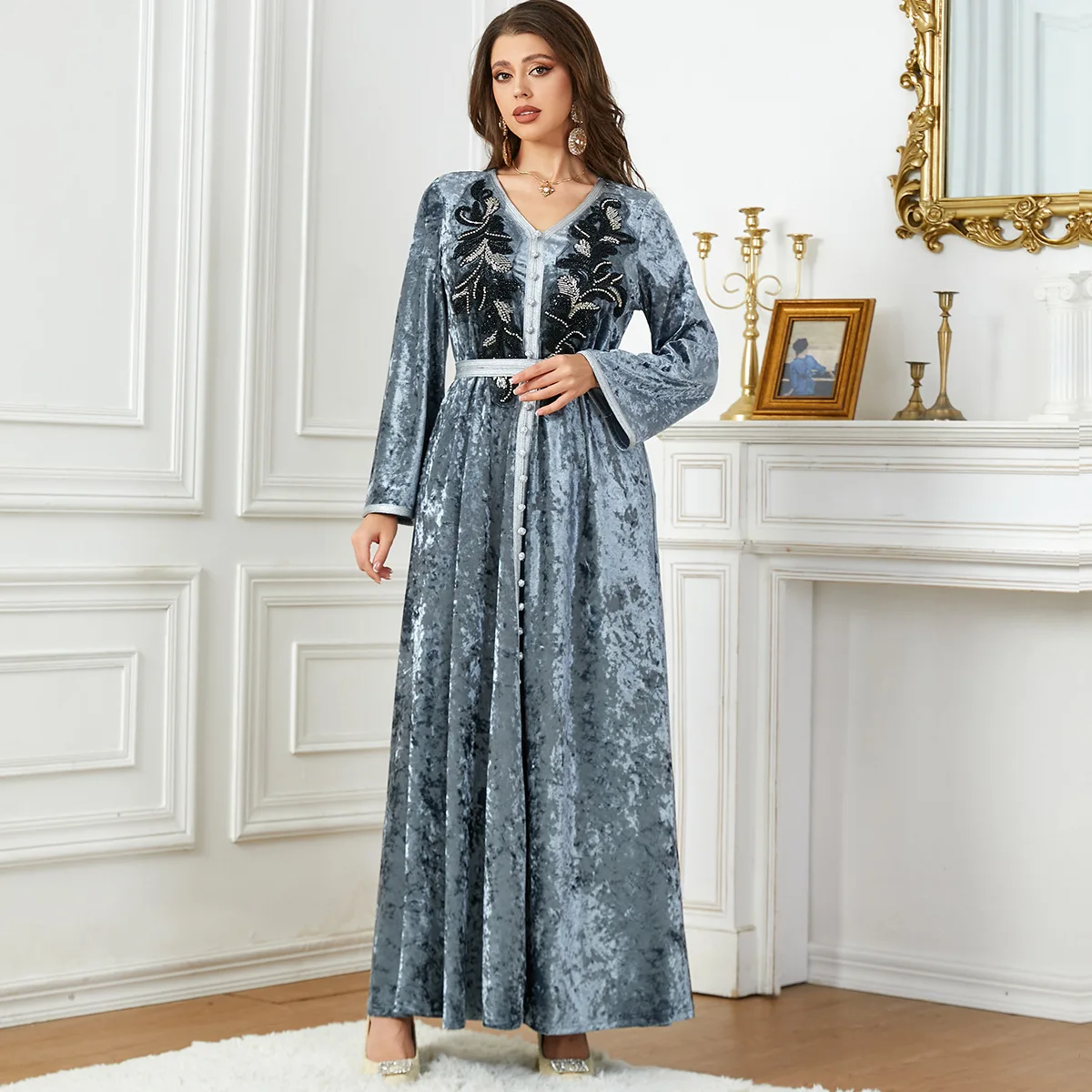 Abaya For Women Arab Apparel Autumn/Winter Velvet Dress Dubai Fashion Lace Women's Solid Color Robe Gray With Belt Women