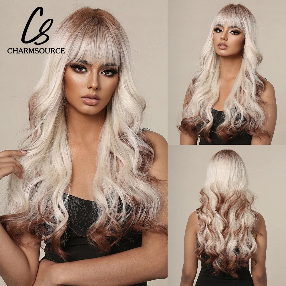 

CharmSource Ombre Platinum to Brown Wig Long Wavy Wigs with Bang Party Cosplay Synthetic Wig for Women Heat Resistant Fiber hair