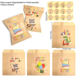 Rainbow Dino & Retro Flower Thank You Gift Bags - 24 Kraft Paper Party Favor Pouches for 13x18cm (24Sets Birthday)