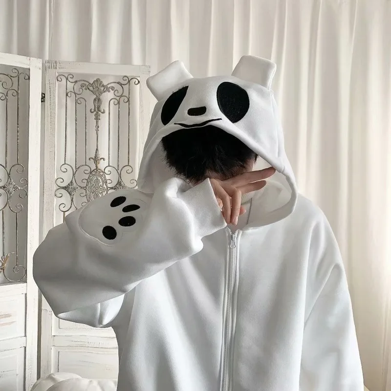Black White Kawaii Zip Up Hoodies Women Winter 2023 Fashion Hoodies Women Long Sleeve Loose Casual Plus Velvet Warm Sweatshirt