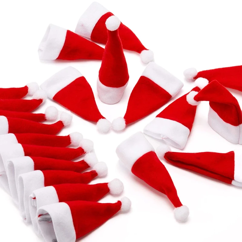 10Pcs Christmas Hats Mini Santa Claus Hat Lollipop Caps Wine Bottle Covers for Xmas Dinner Decoration New Year Party Supplies