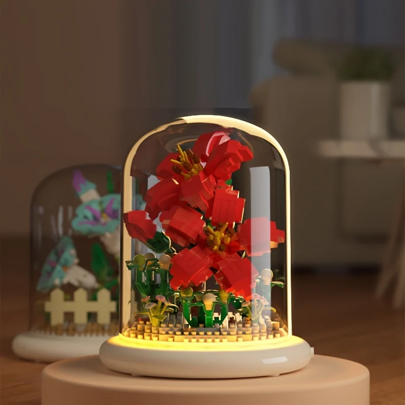 Building block pot Immortal flower Plant Small brick tulip ornament Toy Valentine Birthday Gift Glow Easter gift