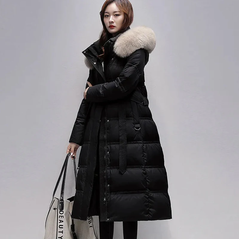 New High-Grade Women\'s Fox Fur Collar Down Jacket Winter Coat Cold 90% White Duck Down Outerwear Long Hooded Parker Overcoat