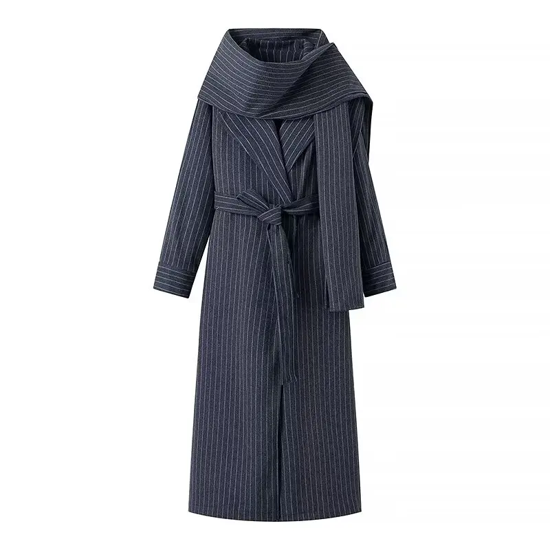 

Women New Fashion Mid-length Coat with Scarf Vintage Long-sleeve Pocket Belt All-match Casual Female Outerwear Chic Overcoat