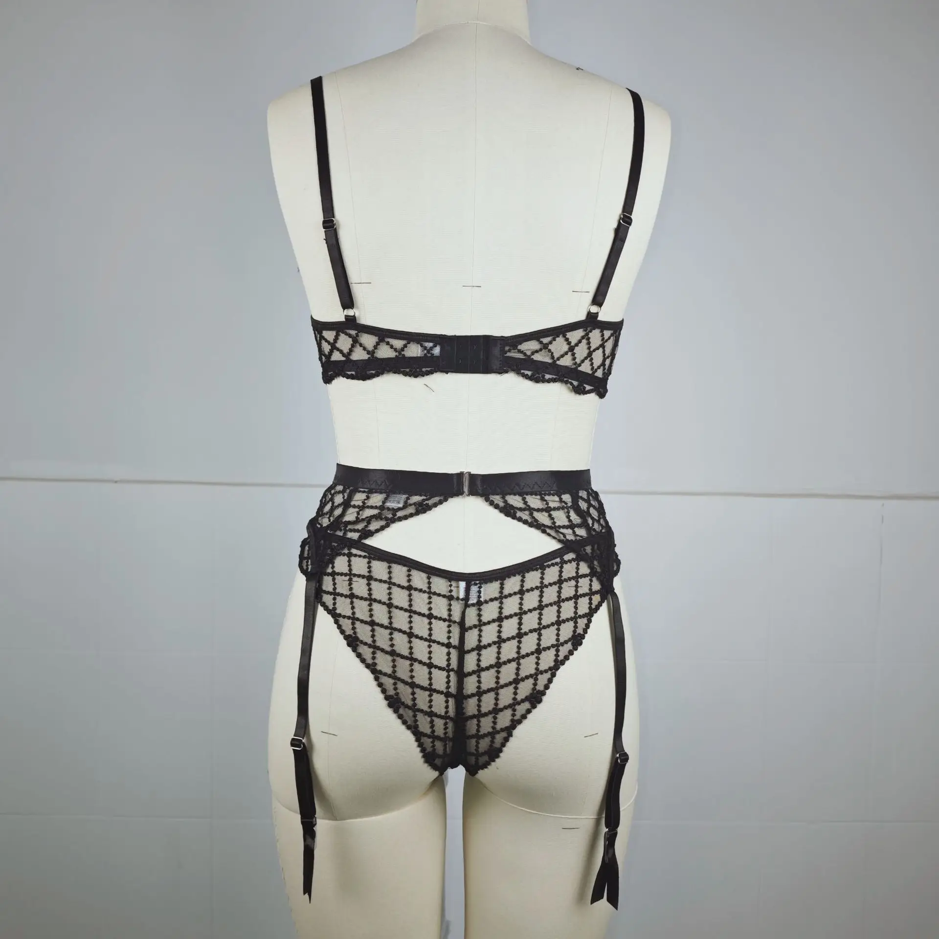 Push-up-Babydoll-Dessous-Set mit Spitzenstickerei, 3-teilig, transparentes Mesh-BH- und Höschen-Set für Damen, heiße Nachtwäsche in Schwarz, Pink, Rot, Blau – Detail 7