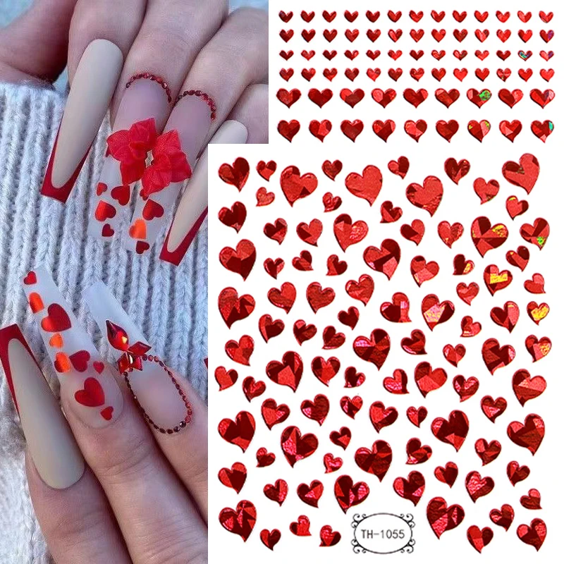 

Laser Red White Nail Art Stickers Heart Wedding Proposal Sliders for Nails 3D Polish Decal Valentine Decoration Manicure