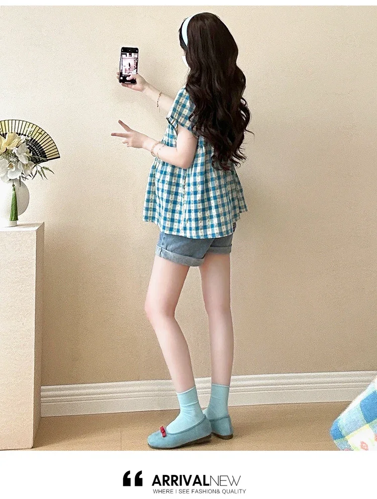 느슨한 맞는 격자 무늬 Babydoll 출산 탑 여름 짧은 소매 오-넥 패션 인쇄 Cottagecore 임신 착용 대형 셔츠
