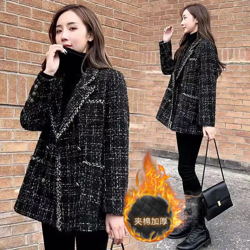 

Tweed Woolen Suit Coat Women 2023 Autumn Winter New Loose Plaid Small Fragrance Jacket Office Lady Outwear Fashion Suit Overcoat