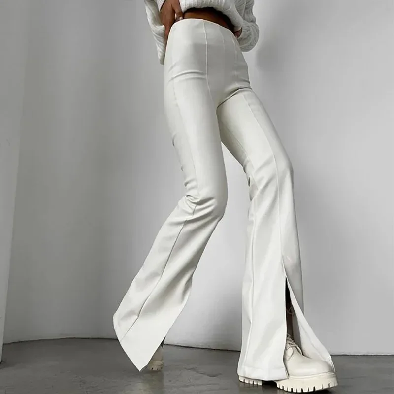 High Waist Vintage PU Flare Pants Hem Split Women Stretch Slim Faux Leather Trousers Bell-bottoms Splice Slit Sexy Leather Pants