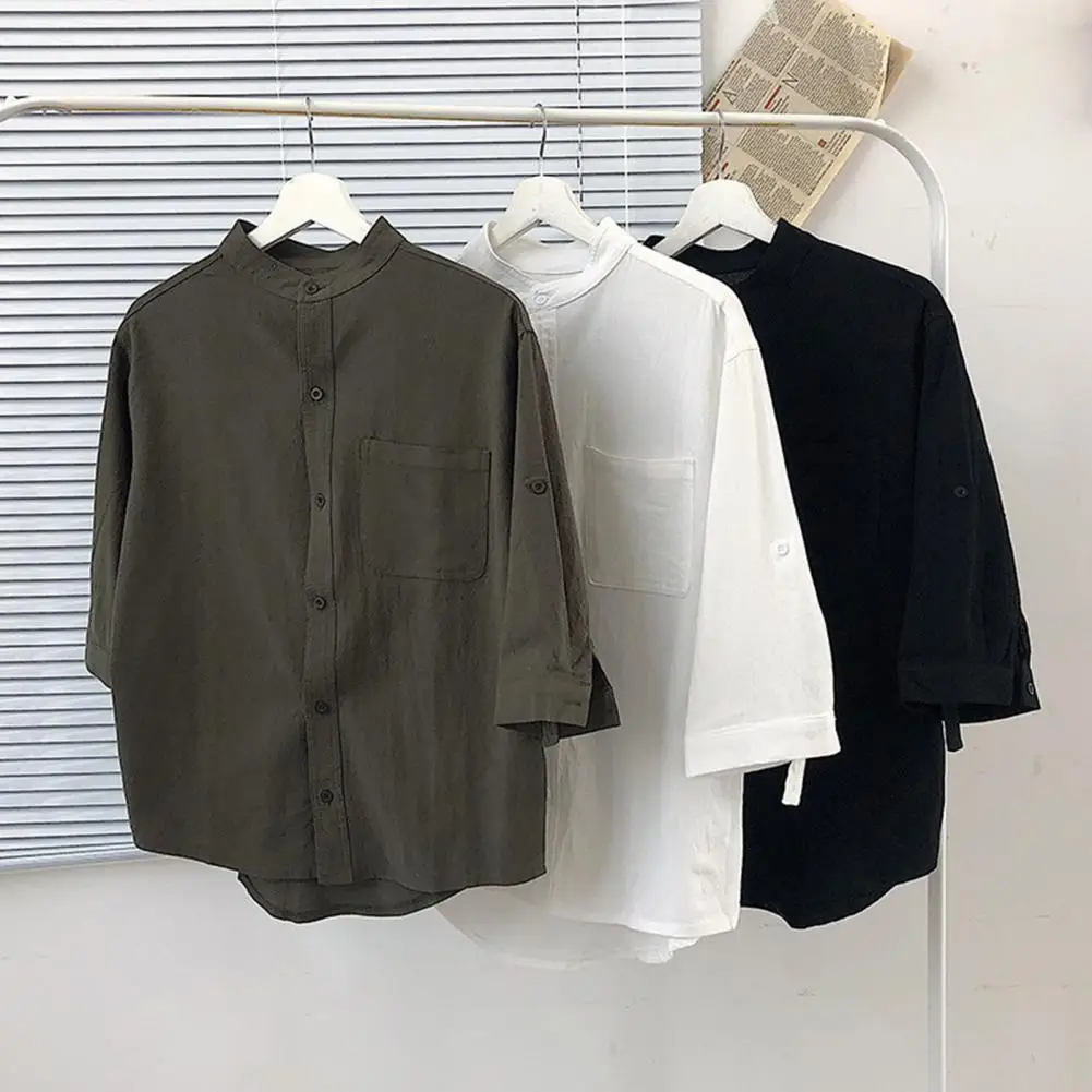 

Summer Men Stand Collar Roll-up 3/4 Sleeve Shirt Solid Color Loose Fit Single Breasted Casual Shirt Tops Streetwear