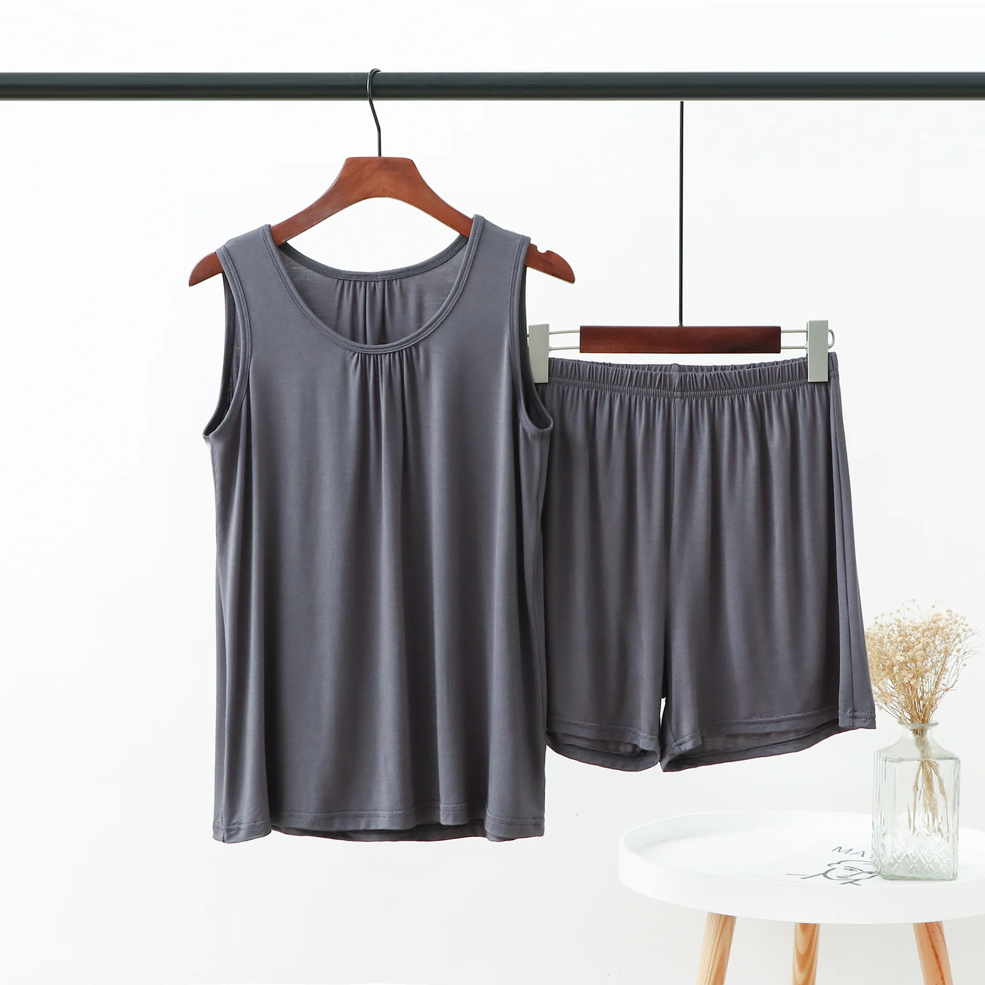 Фото Женский пижамный комплект Fdfklak XL-6XL, топ без рукавов + шорты, костюм из двух предметов, женская одежда для сна из модала и хлопка, женская пижама №3
