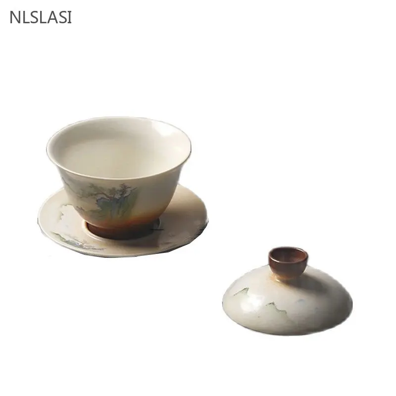 120ml Chinese Style Antique Gaiwan Ceramic Tea Bowl Creative Handmade Tea Infuser Household Set Accessories Porcelain Teacup