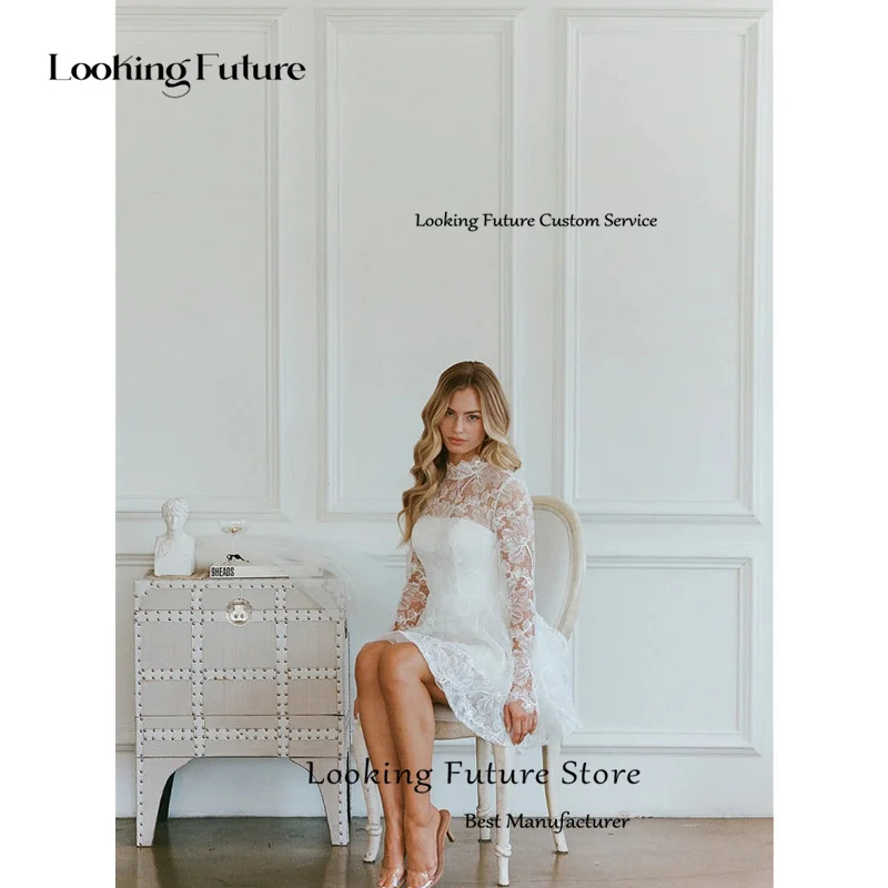 Modern Mini A-Line White Wedding Dress Sexy Lace High Neck Elegant Long Sleeves Pleated Zipper Illusion Short Customized 2025 14 S3e2931bcc59a4aa4bffdd79400629c47G
