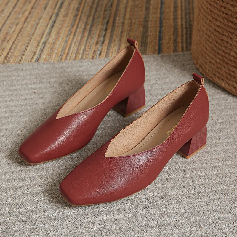 Retro Women Square Toe 4CM High Heels Chunky Heel Pumps