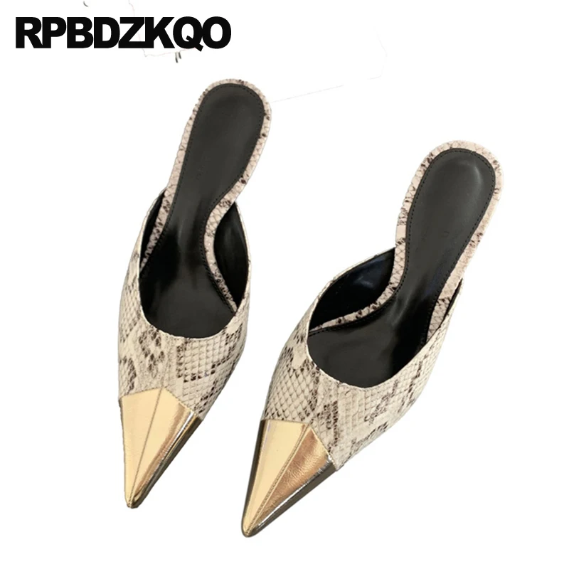 

Snakeskin Patchwork Slippers Mules Sandals Pumps Women Slides Half Shoes Pointy Toe Python Leather High Heels Thin Snake Skin