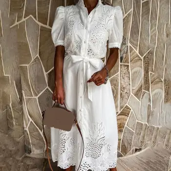 Lace-up Women Shirt Dress 2024 Summer Elegant Single Breasted Puff Sleeve Maxi Dress Vestidos Bohemian Sundress Party Robe 4
