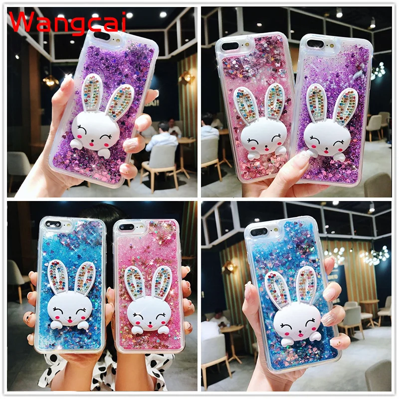 Per Xiaomi Mi Cc9 Cc9E A2 Lite Poco F3 Note 3 Max 3 2 Custodia Per Telefono Quicksand Liquid Rabbit Holder Stand Cover Posteriore Glitterata