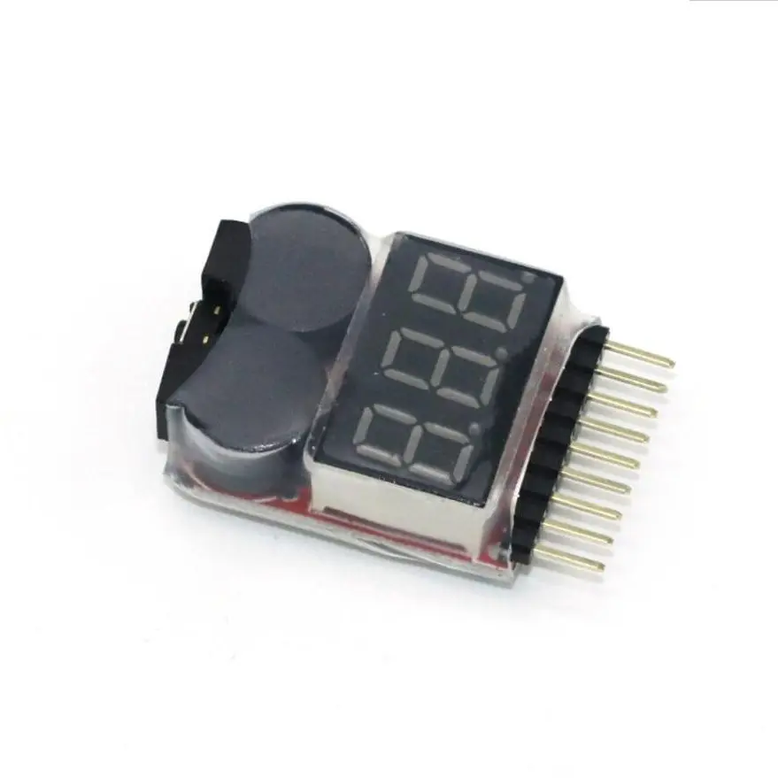 Détail du buzzer avertisseur sonore 110dB pour batterie RC, vue de dessus montrant les bornes.