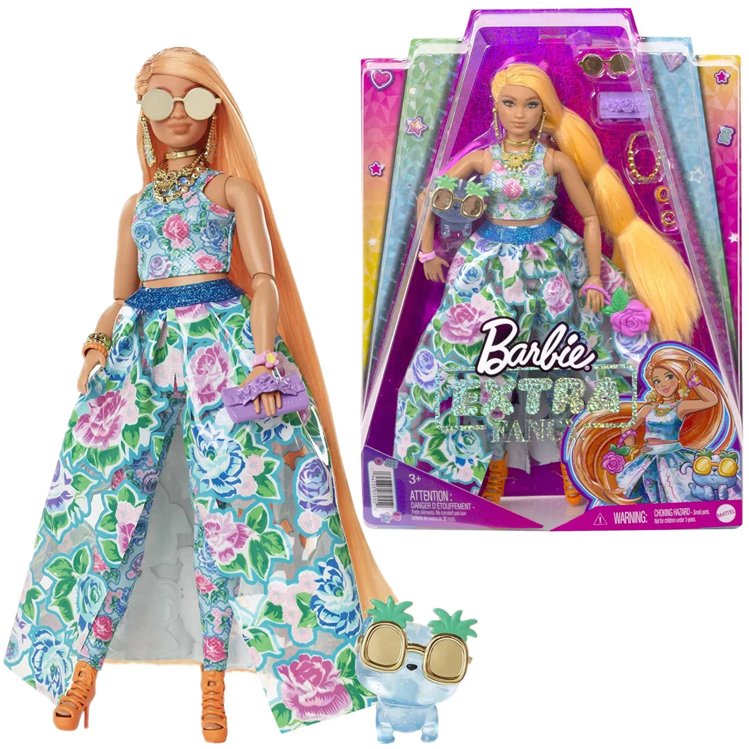 

Barbie Extra Doll Barbie Fancy Dolls In Floral 2-Piece Gown with Pet Kitten Extra-Long Hair Flexible Joints Doll Toy HHN14