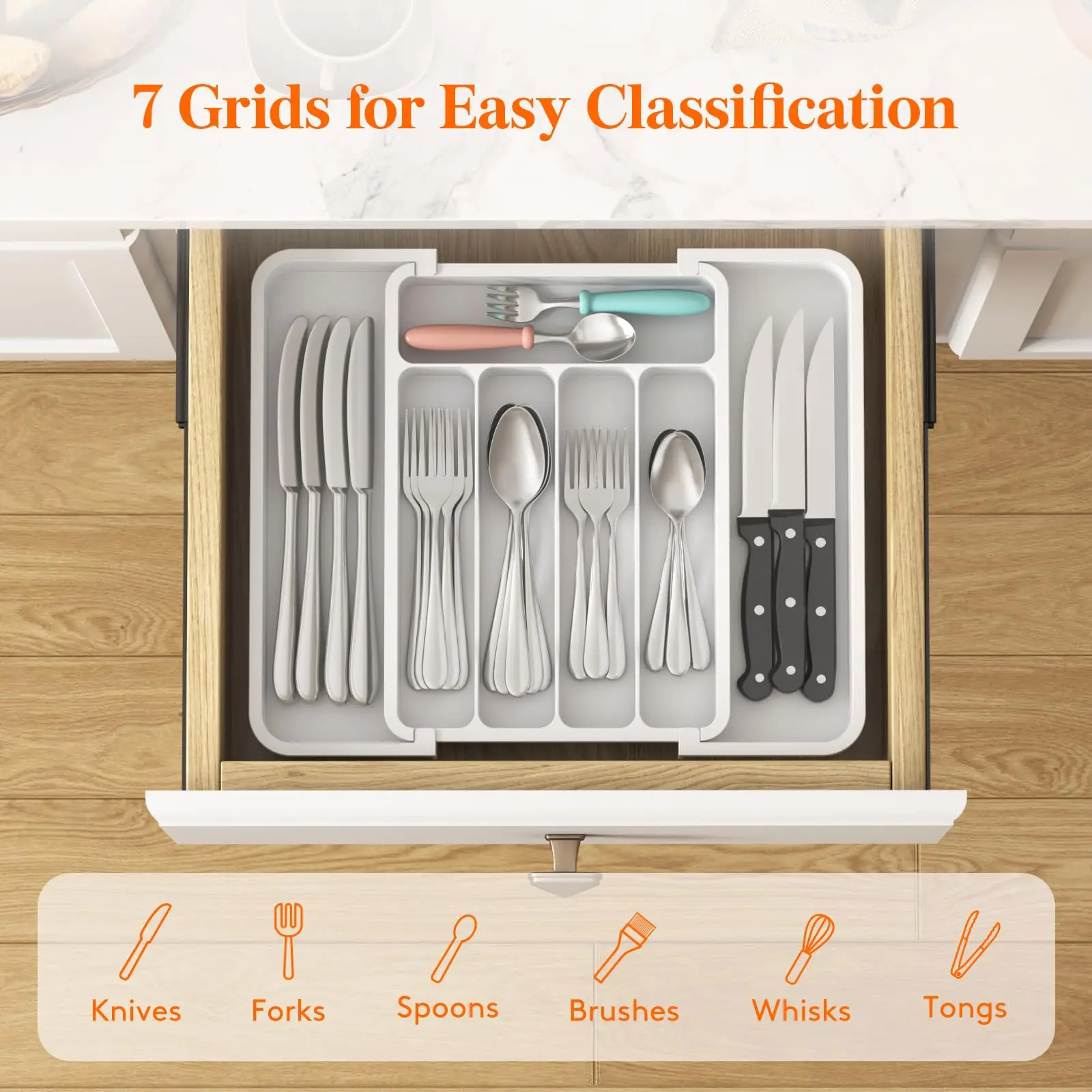 New Popular Adjustable Cutlery Organizer - Upgraded Plastic Storage Tray with Dividers Fork and Knife Drawer Organizer