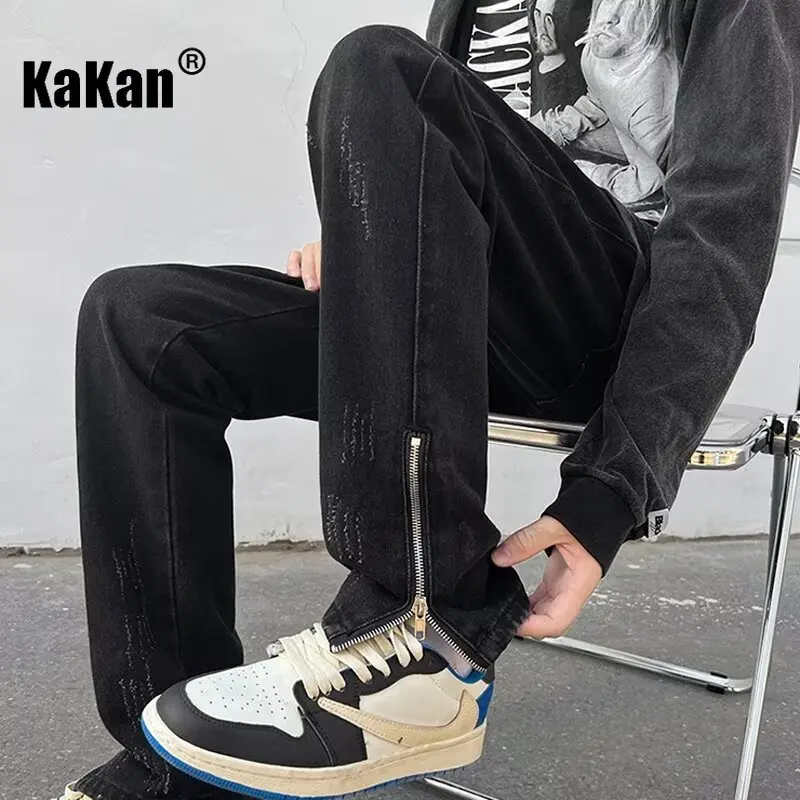 Kakan-Europe and The United States New Pure Black Zipper Open Jeans, Summer High Street Slim Small Foot Jeans K86