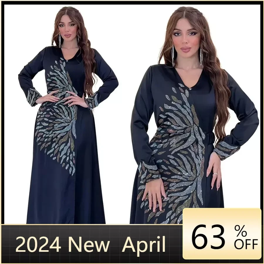 Muslim Dress Dubai Arab V-neck Long Dress Fashion Diamond Embedding Abaya Satin Evening Dress Cardigan Robe Print Women Clothing