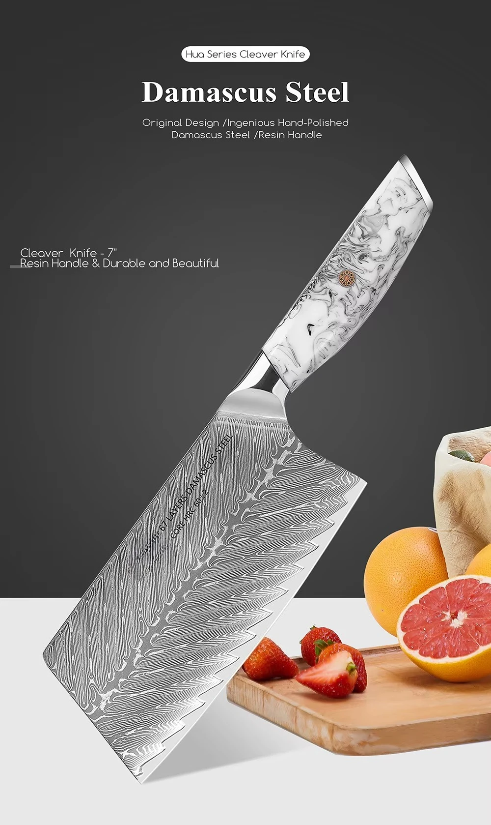 7 Zoll 67-Lagen Damaszener Stahl Kochmesser mit Volltang-Design, Ergonomischem Kunstharzgriff und Scharfer Klinge für Küche und Kochen – Detail 1