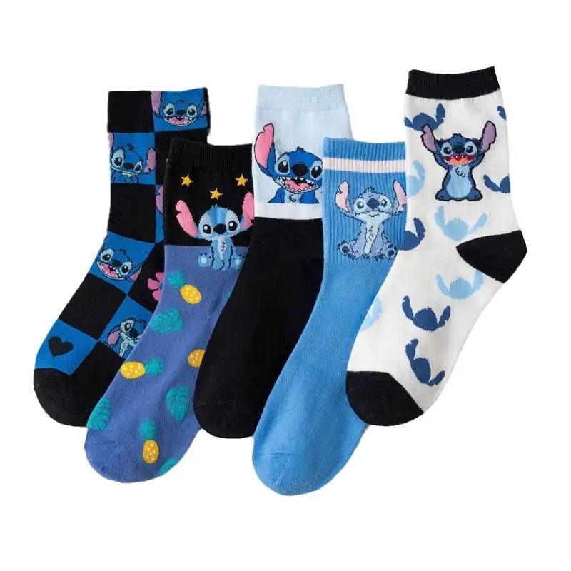 

5pcs Disney Animation Stitch Cartoon Kawaii Stitched Pure Cotton Socks Mid-Length Socks Combed Cotton Birthday Gift for Friends