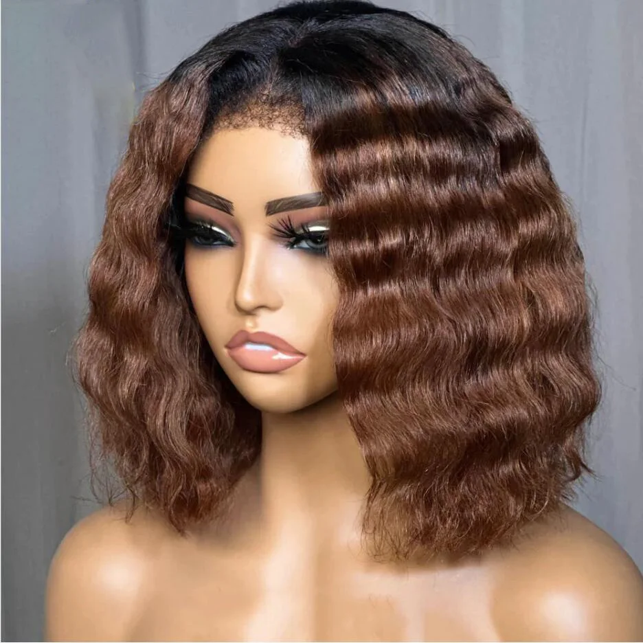 

Soft 180%Density Natural Hairline Ombre Brown Short Bob Preplucked Deep Wave Curly Lace Front Wig For Black Women BabyHair Daily