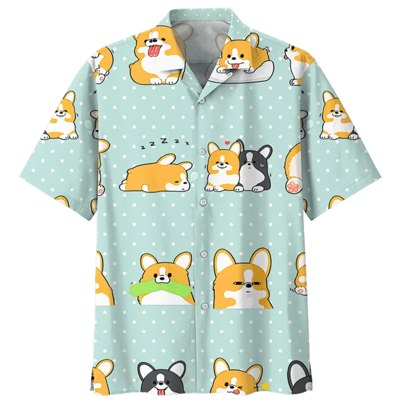 Cartoon Corgi Dog Graphic Hawaiian Shirt For Men Summer 3d Printed Animal Pets Short Sleeves Street Tops Lapel Button Blouse 2