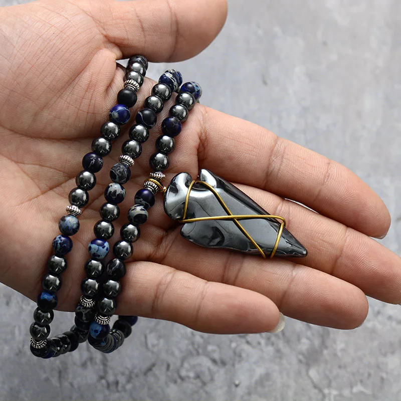Steampunk Man Beads Necklaces Natural Stones Hematite Arrowhead Pendant Meditation Yoga Couples Lover Necklace