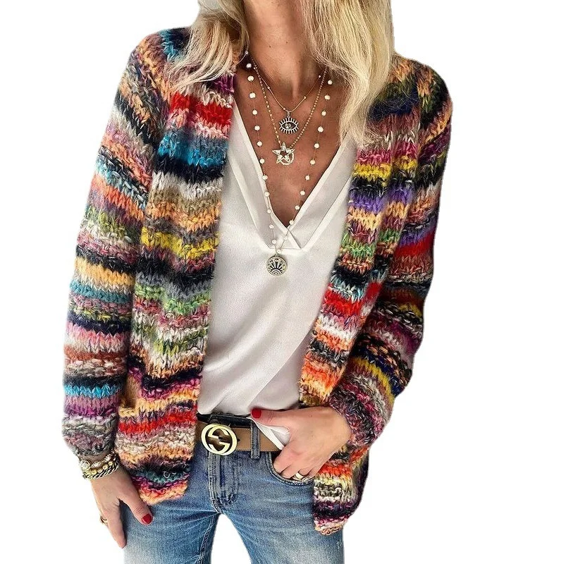 

Women's 2023 New Chic Streetwear Korean V-Neck Long Sleeve Casual Patchwork Contrasting Colors Striped Knitted Printed cardigan