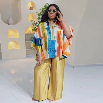 Due set da 2 pezzi con scollo a V per le donne Abiti con stampa africana Abiti da vacanza 2025 Top Set di pantaloni Dashiki Ankara Turchia Dames 1