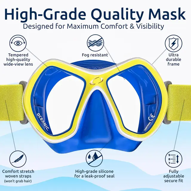 Scuba Diving Snorkel Set - Panoramic Wide View Tempered Glass Mask, Snorkel, Fins & Mesh Carry Bag