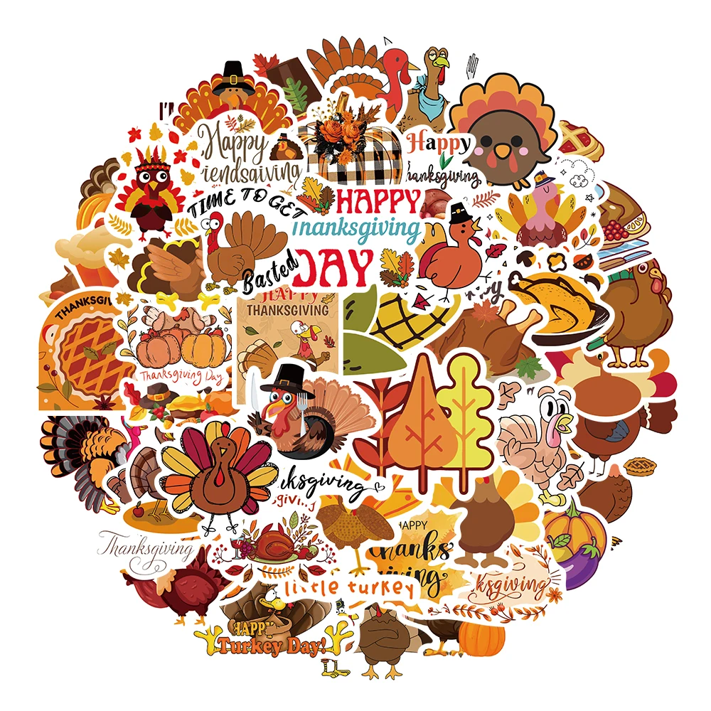 50 Stück Thanksgiving Day Aufkleber DIY Laptop Gepäck Skateboard Lustige Cartoon Kürbis Türkei Herbst Ahornblatt Graffiti Aufkleber – Detail 10