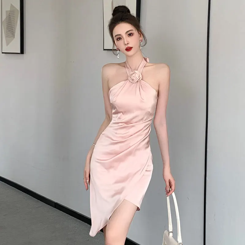 

Vintage Sexy Sleeveless Halter Neck Party Maxi Dresses for Women Spaghetti Strap Satin Midi Dresses Elegant Fashion Summer 2023