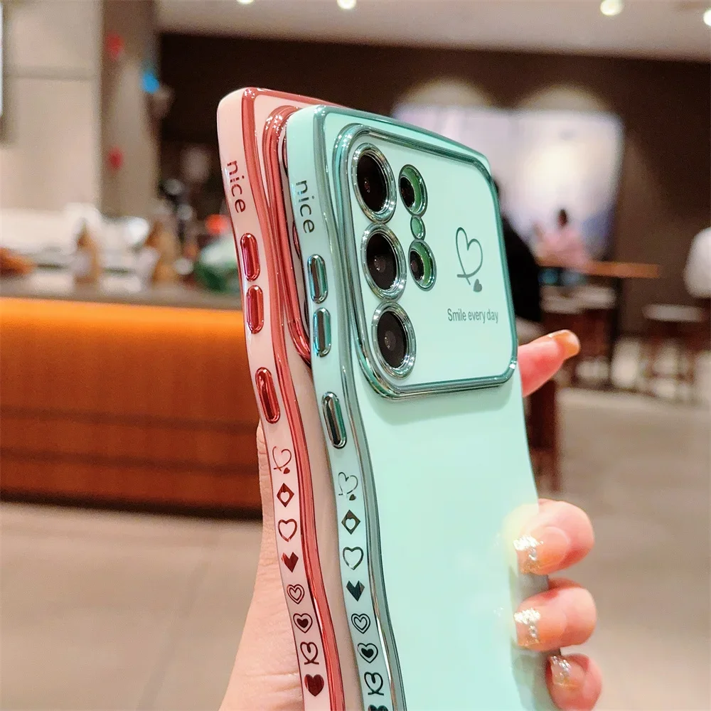 Luxury Plating Love Heart Wave Edge Big Window Phone Case Cover