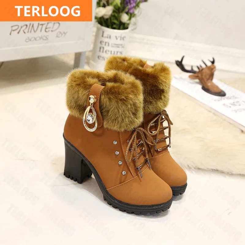 New Winter Women High Heels Shoes Warm Non-slip Block Cow Suede Warm Snow Boots Fashion Designer Crystal Plush Goth Botas